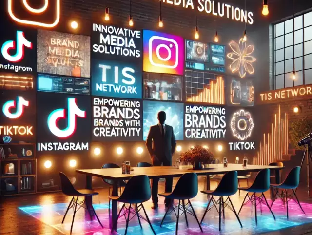 DALL·E 2024-10-29 16.29.34 - A creative and dynamic image representing a media platform called TIS Network. The image should feature video screens displaying brand visuals, social