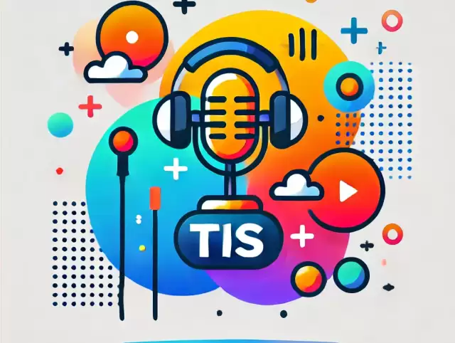 DALL·E 2024-10-29 16.31.43 - A colorful and simple image representing a podcast-like setting for TIS Network. It should have a single microphone, headphones, and a bright backgrou